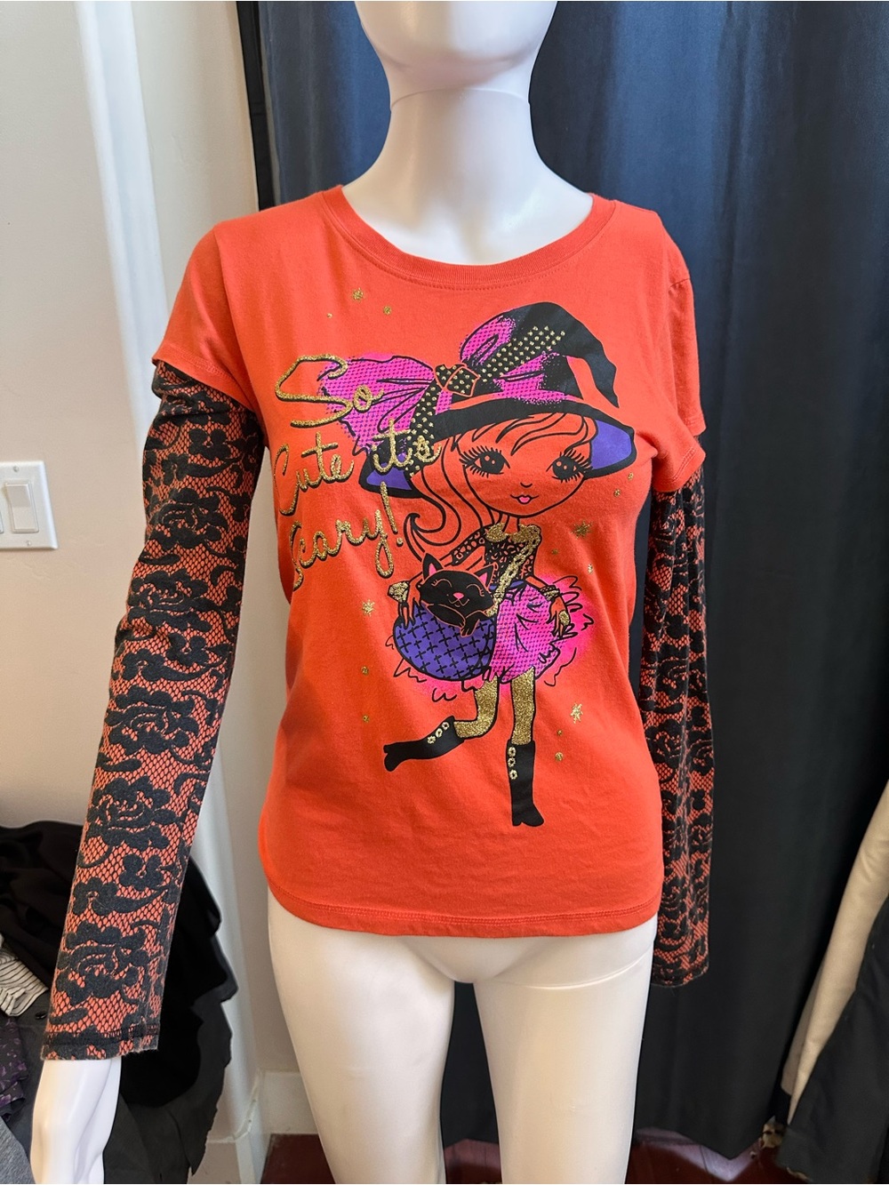 Vintage Faded Glory Halloween Witch Graphic Tee Layered Lace Sleeves Girl XL